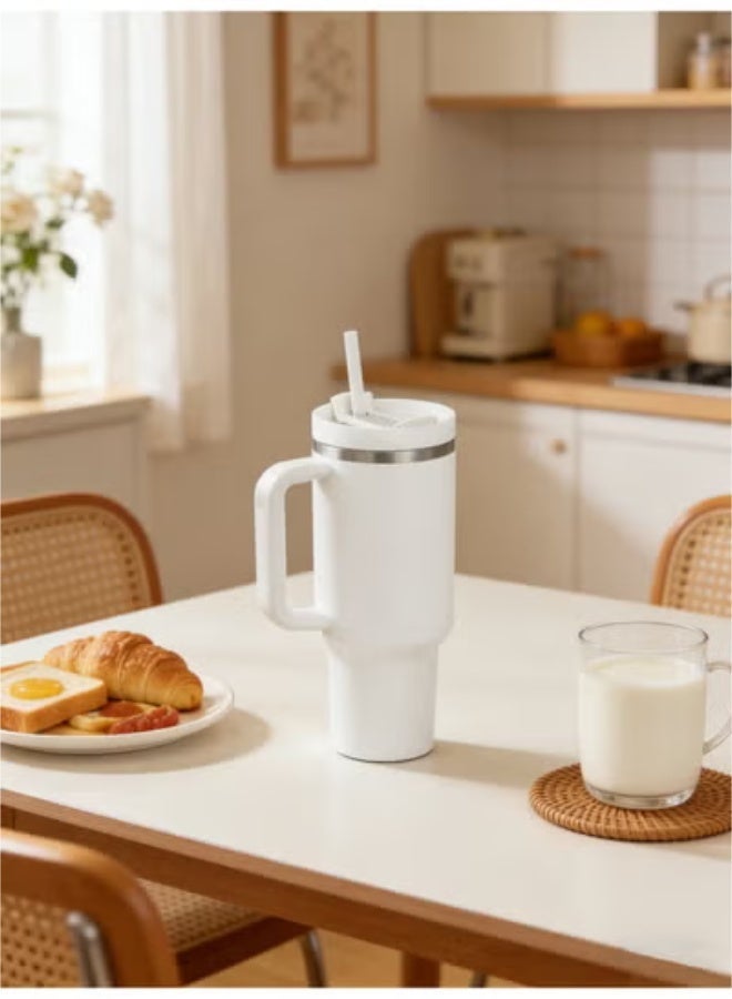 EXCLIFE Stainless Steel Vacuum Flask with Lid and Straw White - Image 5